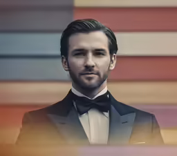 the man is wearing a black tuxedo and bow tie