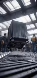 a black piece of luggage sitting on top of a conveyor belt
