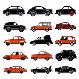 a group of different colored cars in a line,a bunch of cars that are black and orange,old cars from the fifties to the early fifties,a series of nine car silhouettes each designed in a separate layer,eight cars lined up, with one black and red one white and the other red