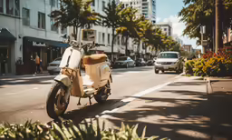 there is a moped parked along the side of a city road