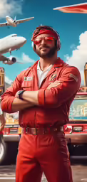 a person wearing red with safety glasses next to a plane
