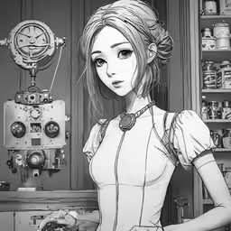 a woman is holding a clock in front of a machine