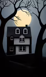 this is a painting with trees and a house