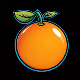an orange with leaf and green leaves on top