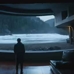 a man standing on a balcony with a body of water