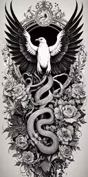 a bird with its wings spread flying over flowers,a black and white drawing of a snake and a raven on a floral background