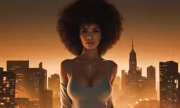 a young african woman stands in front of the city at night