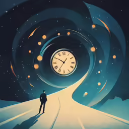 a person stands in front of a clock while looking into an animated swirl