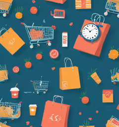 a pattern with shopping bags and clocks on it,a lot of shopping bags with a clock, orange juice and orange slices