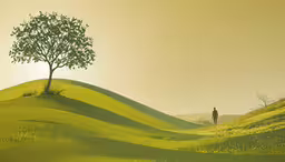 a man stands in front of a tree at the top of a grassy hill,an image of a person standing near a tree