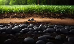 a dirt bed is next to a field of grass