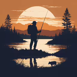 the silhouette of a man fishing at sunset,a person with a fishing pole in the middle of the water