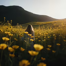 a woman walks through a field of flowers