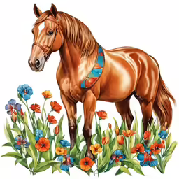an artful image of a brown horse surrounded by flowers