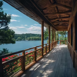 wooden porch overlooking a lake and valley