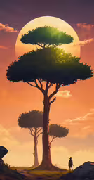 a painting of the moon and tree with the man walking beside it,the sun rises over a man in front of an bao - tree