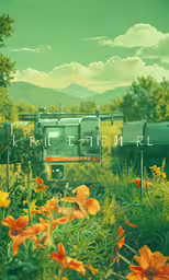 an old - fashioned photo taken from the ground looking through a field of flowers,an image of a green truck parked in a field of flowers
