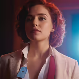 woman in a pink suit looks thoughtfully at something