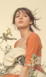 young girl posing near leaves and plants in the afternoon