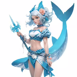 a girl in a blue costume with a sword