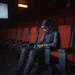a woman sitting in an auditorium watching something