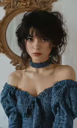 a woman wearing a blue blouse and posing for a photo