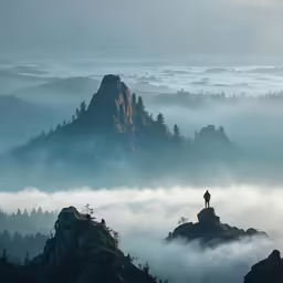 a man standing on top of a mountain above a foggy forest