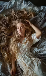 a woman lying on a bed with long blond hair