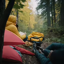 two men in the woods looking at papers