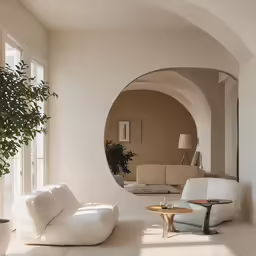 a room with a white furniture and an arched doorway