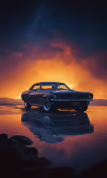 a muscle car is reflected in a reflective pool of water