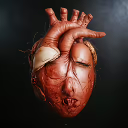 an evil face is displayed with blood dripping down the heart