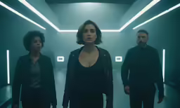 the women stand in a dark hallway