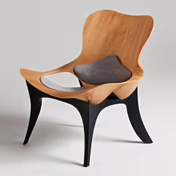 a wooden chair on white background with black legs