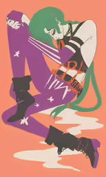 a female figure has her hands on the legs of another character