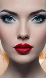 a woman with bright blue eyes, a red lipstick and makeup