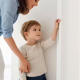 a young boy leans against the wall while his mother touches it
