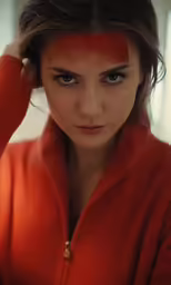 the woman has orange hair and has black eyes
