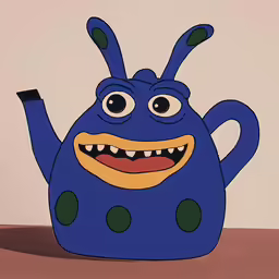 a cartoon - looking blue tea pot with bulging eyes