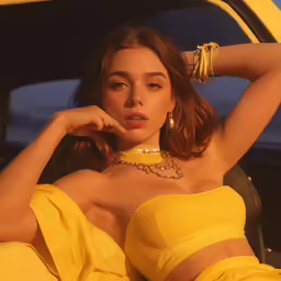 a woman in a yellow dress poses with a pair of gold rings on her neck