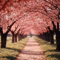the trees on the road are beginning to blossom in the sunlight