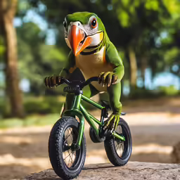 a green frog is riding a small bike