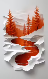 an artistic paper sculpture depicting red and white mountains with trees