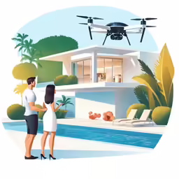 a woman is standing near a man with a remote controlled aerial system