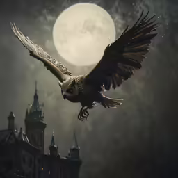 a large hawk flying over the top of a building