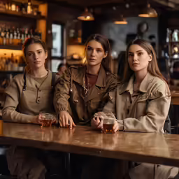 three women sitting at the bar with two men looking on
