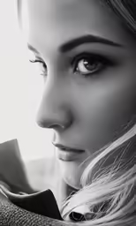 a woman with big eyes looking into the distance