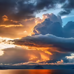 a cloudy sky with sun reflecting off water