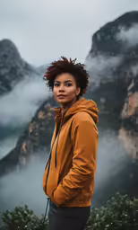 a woman standing on top of a mountain with clouds in the background