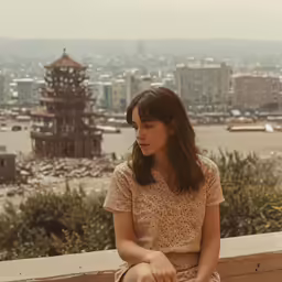 a woman sitting on top of a ledge next to a building
